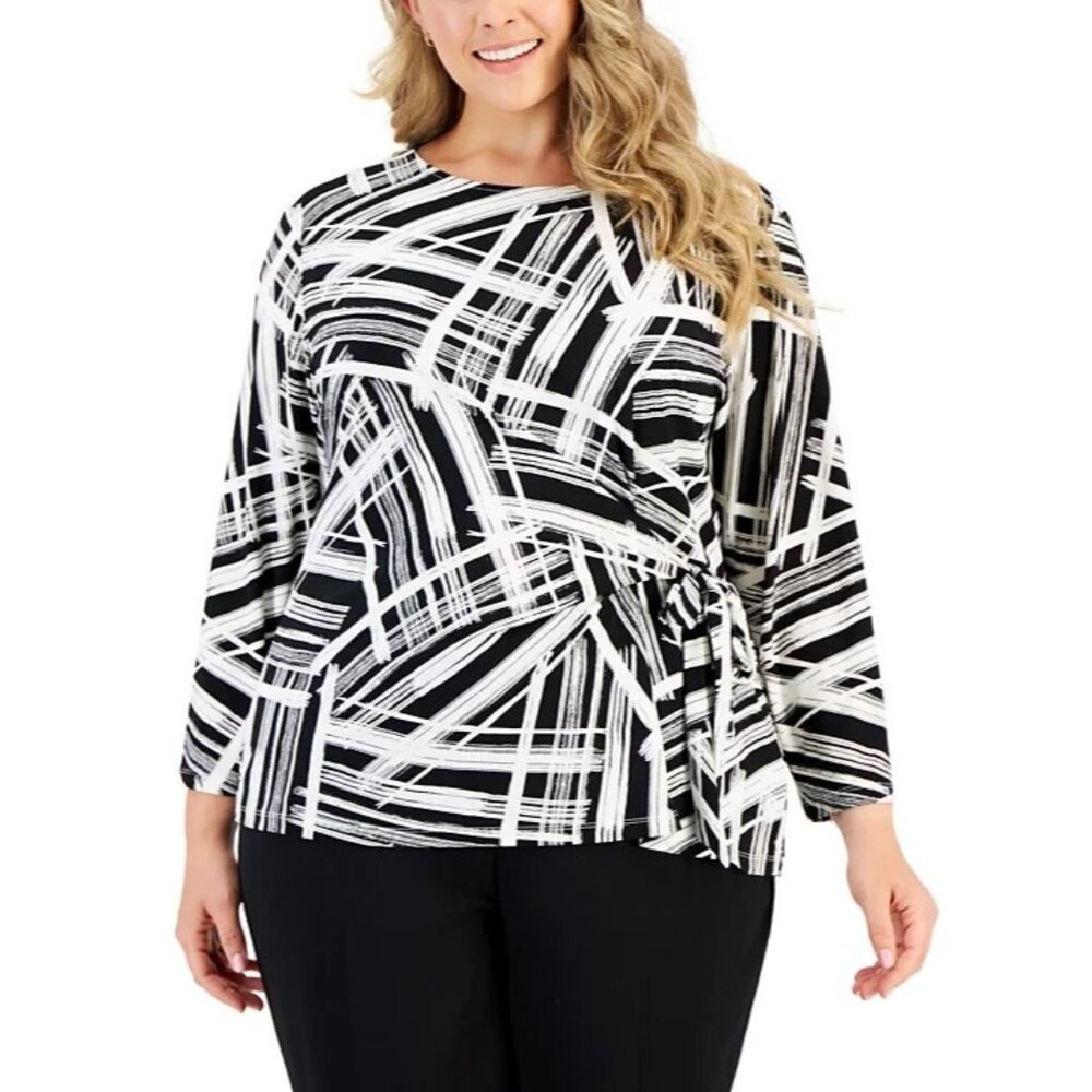 Kasper Plus Size 1X Abstract-Print 3/4 Sleeve Side-Tie Top Black White MSRP $79
